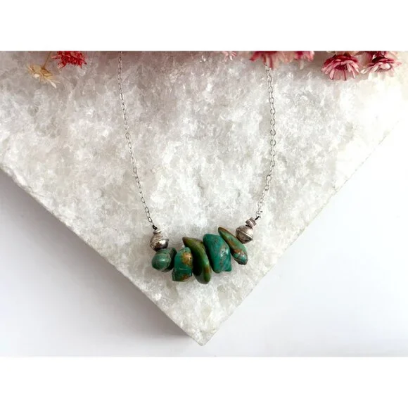 Freeform Turquoise Gemstone Sterling Silver 925 Vintage Pendant Necklace - 16" - Picture 2 of 15